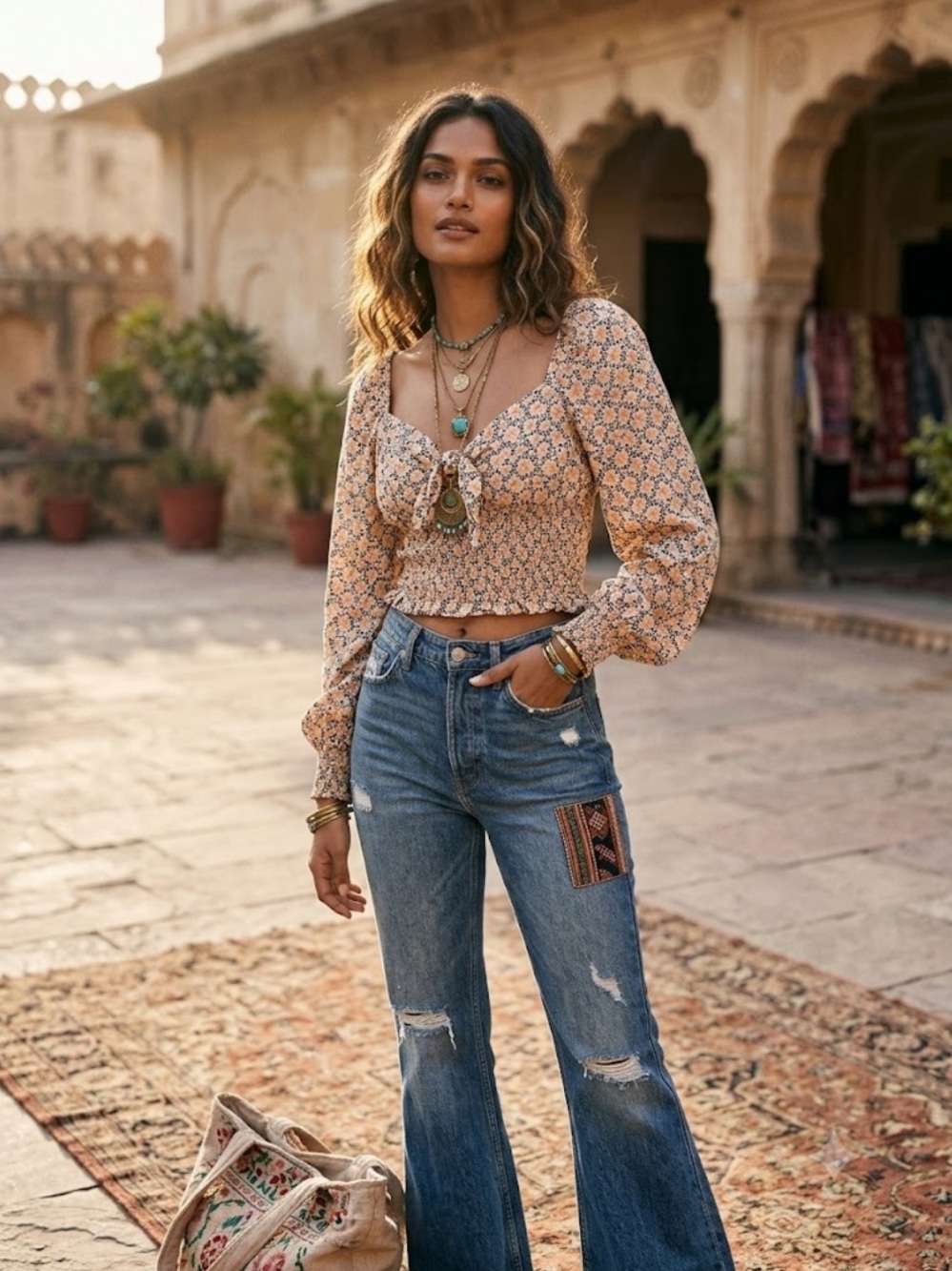 American Eagle Outfitters Peach Floral Tie-Front Crop Top